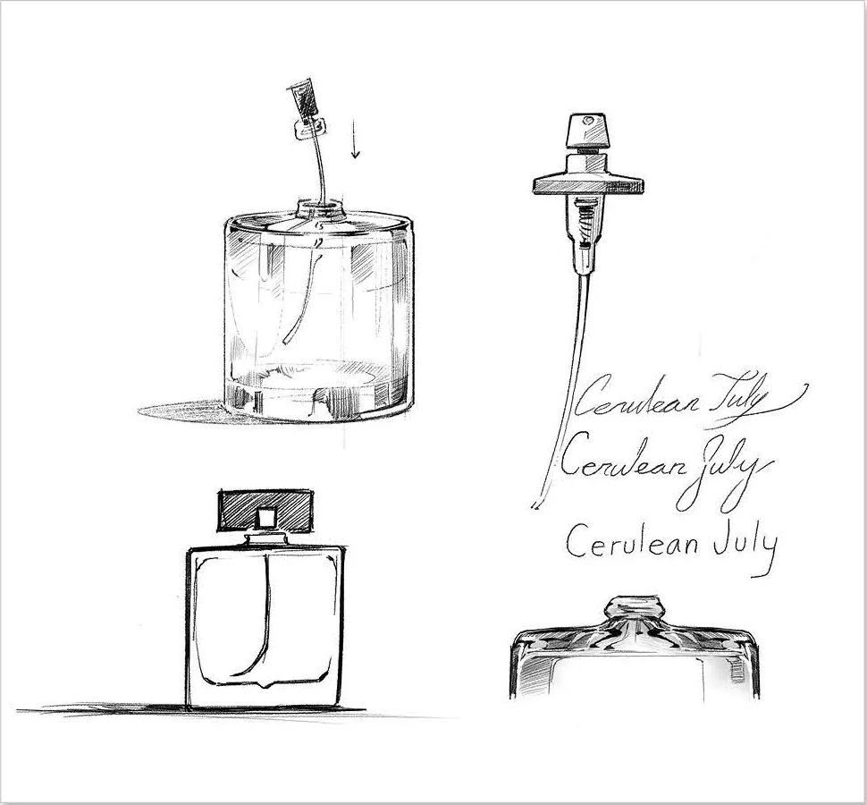 Sketches of bottle shapes and the Cerulean July lettering