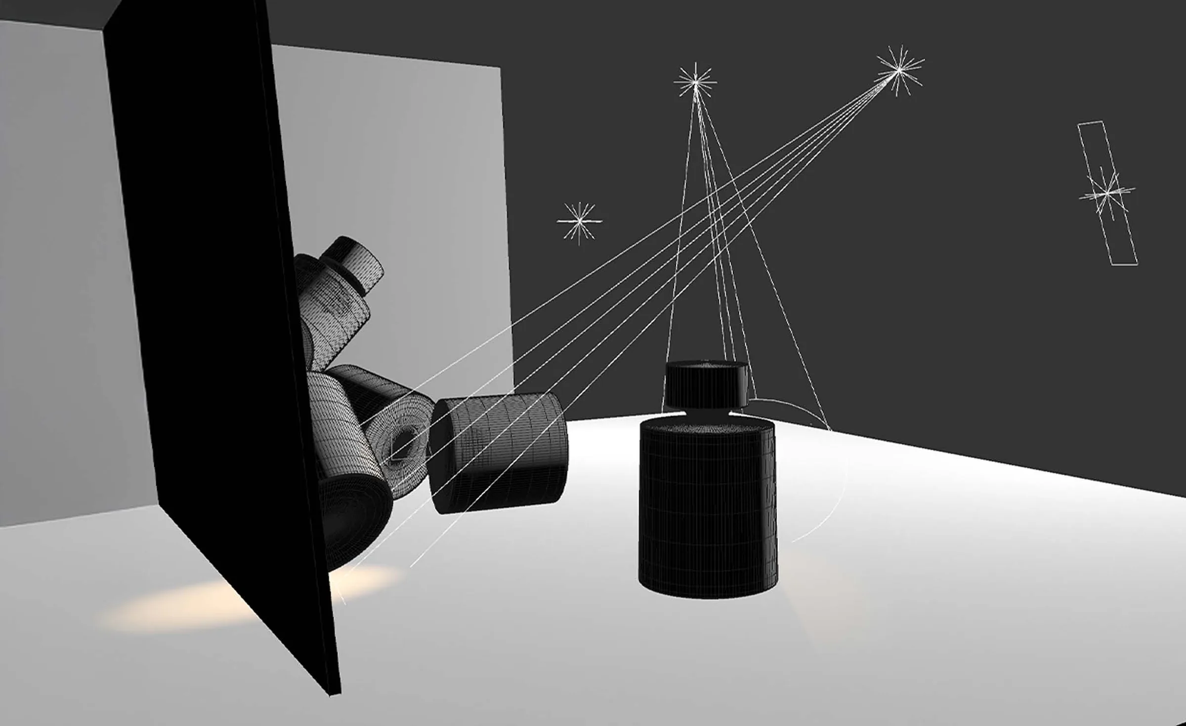 The lit set in wireframe: the main light source, two spotlights and the camera aimed at the bottle