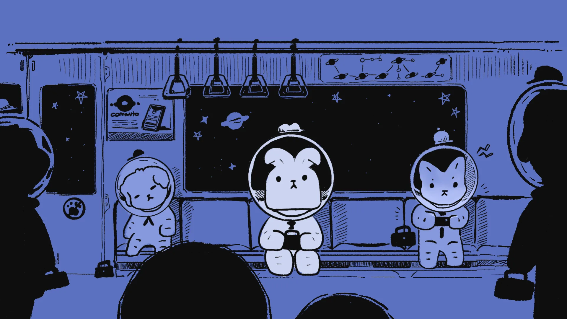 Illustration from our pitch deck: three animal commuters in space helmets on a subway train. A dog dozes on the left, a rabbit holds a phone in the middle, and a cat frowns at its phone on the right.