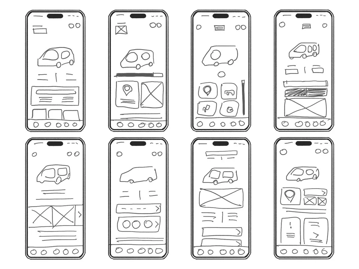 Crazy 8’s wireframe sketches, set one