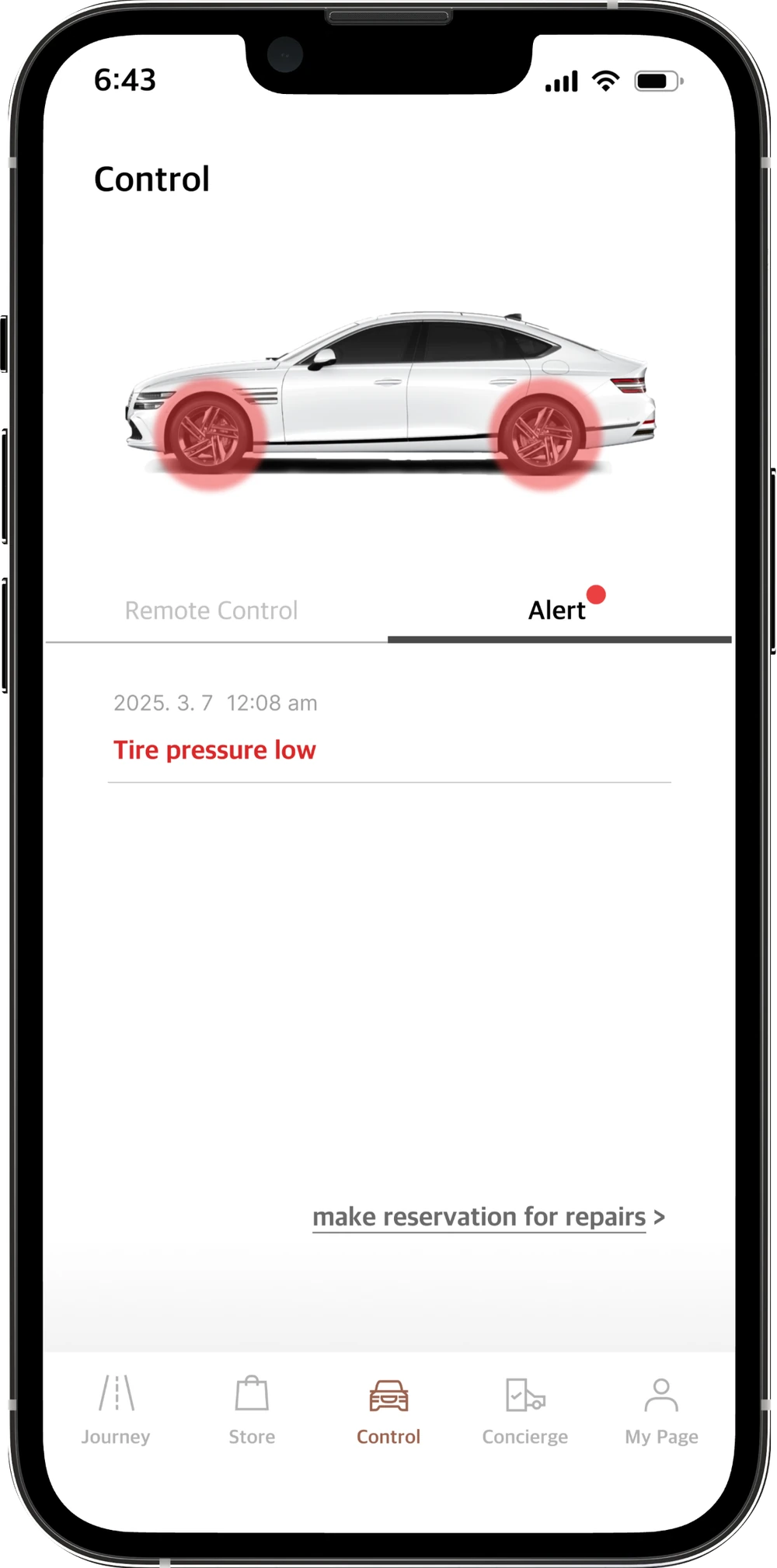 Alert tab showing a low tire pressure warning with a link to book repairs