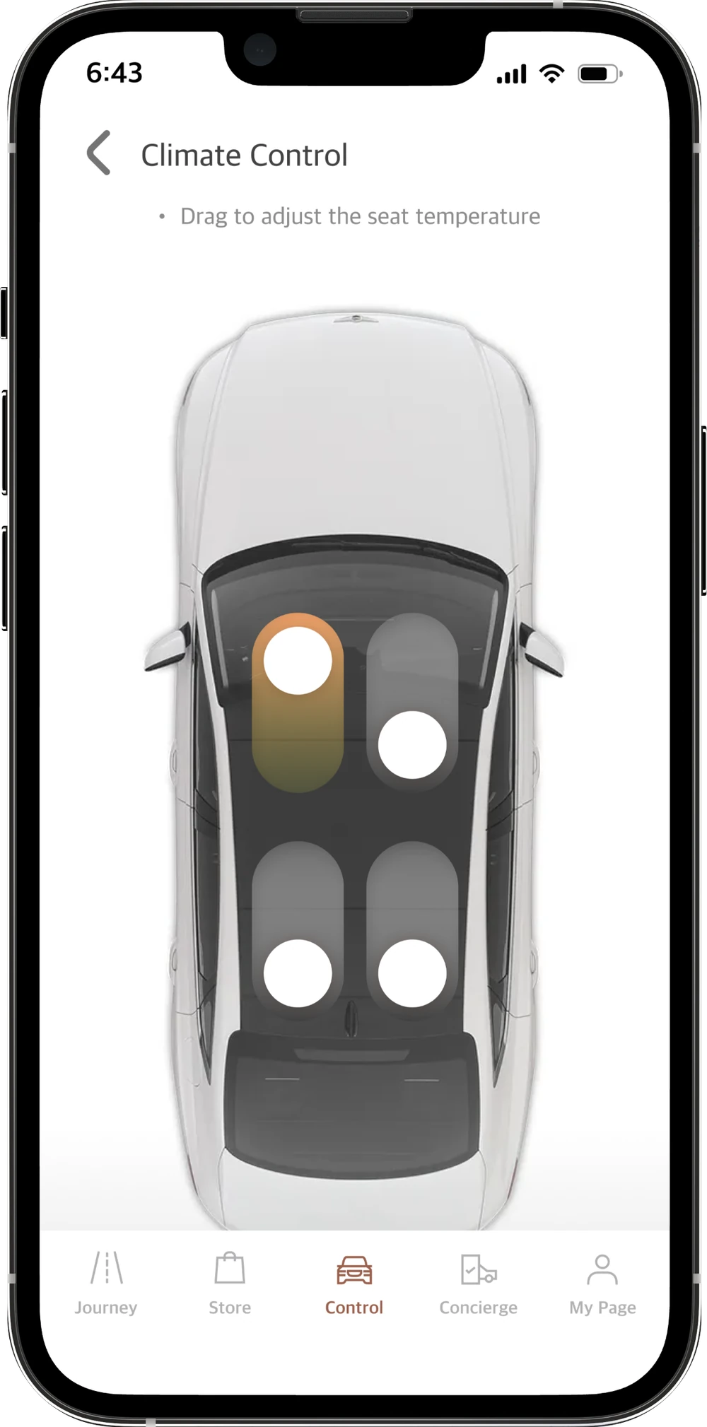 Climate control: a top view of the car where each seat’s temperature can be dragged to adjust
