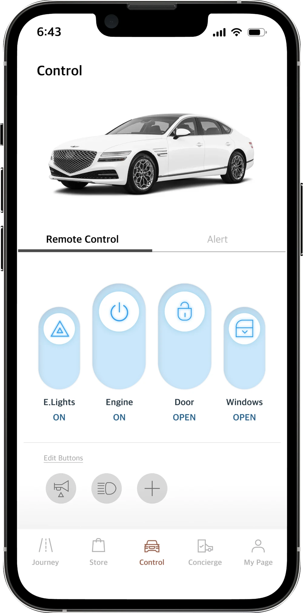 Remote control with toggle buttons for emergency lights, engine, door and windows