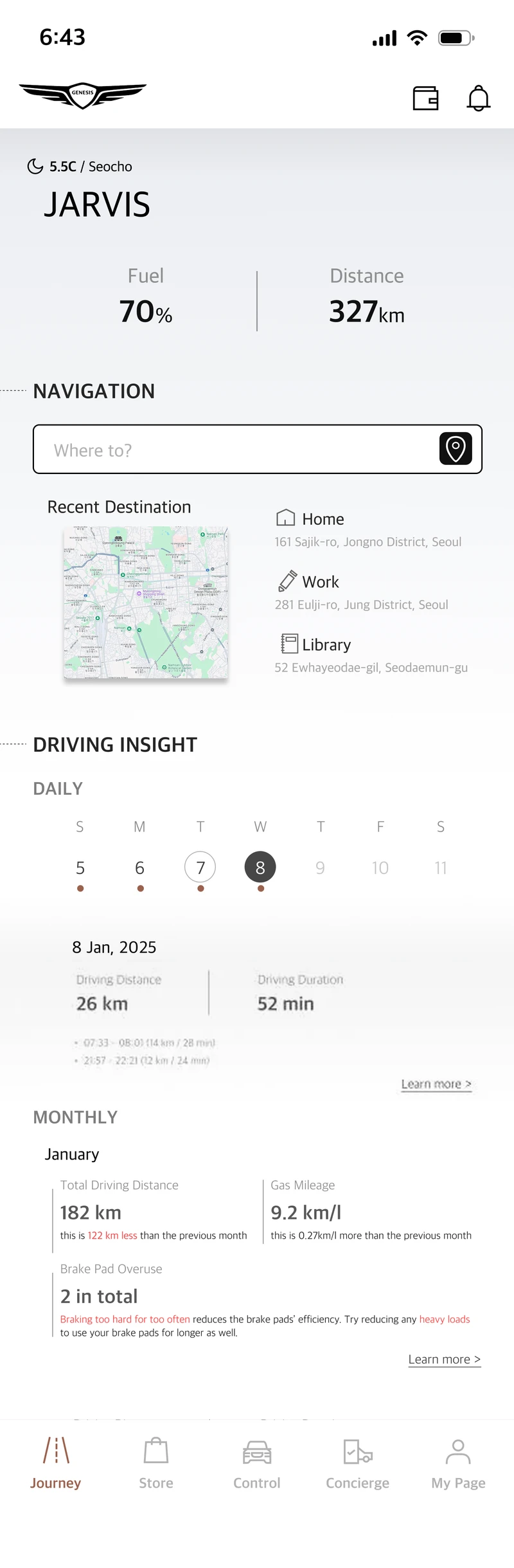 The redesigned Journey screen: fuel and range, navigation with recent destinations, and daily and monthly driving insights