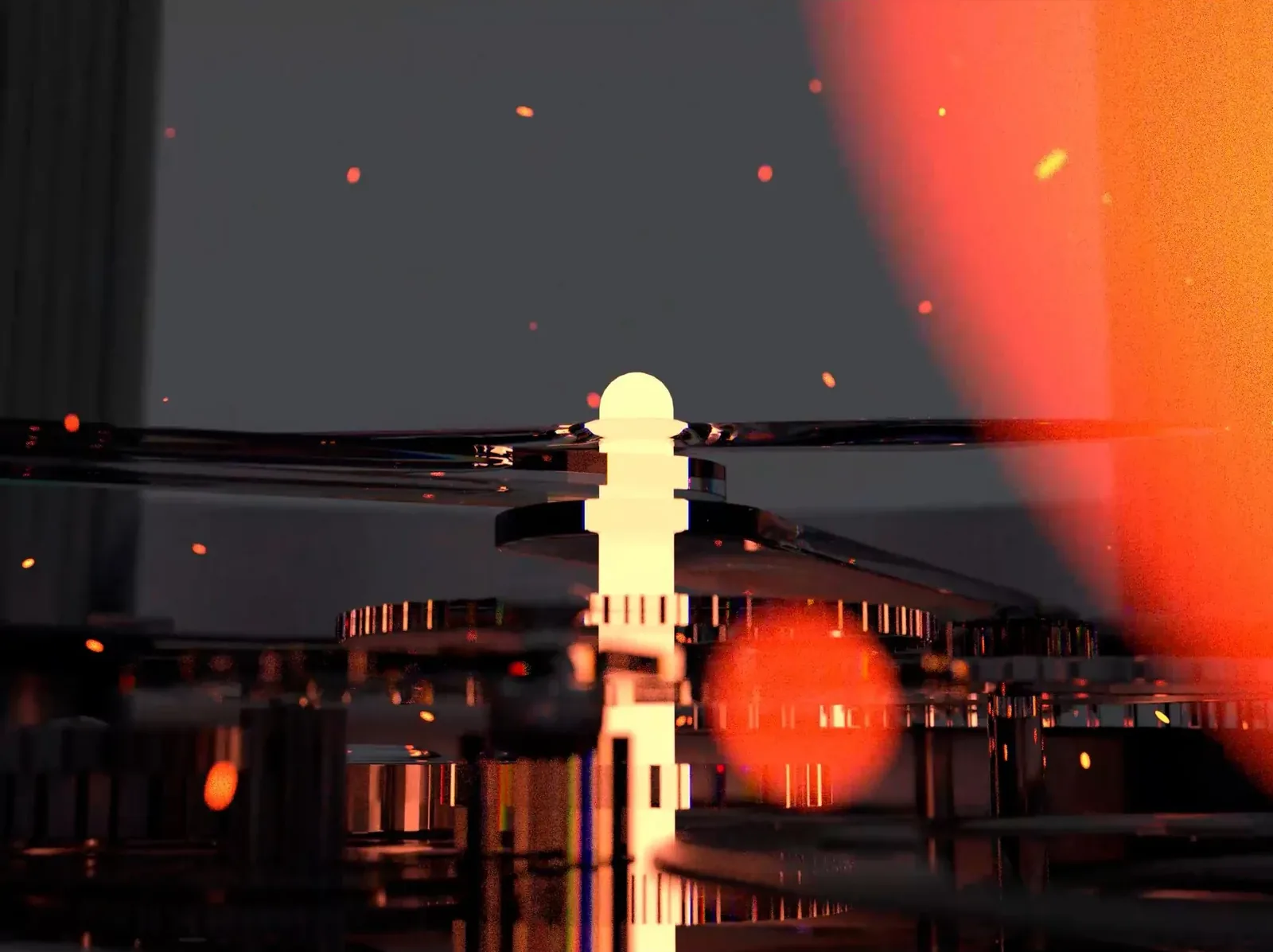 A glowing watch mechanism lit in orange, from the Roulette film
