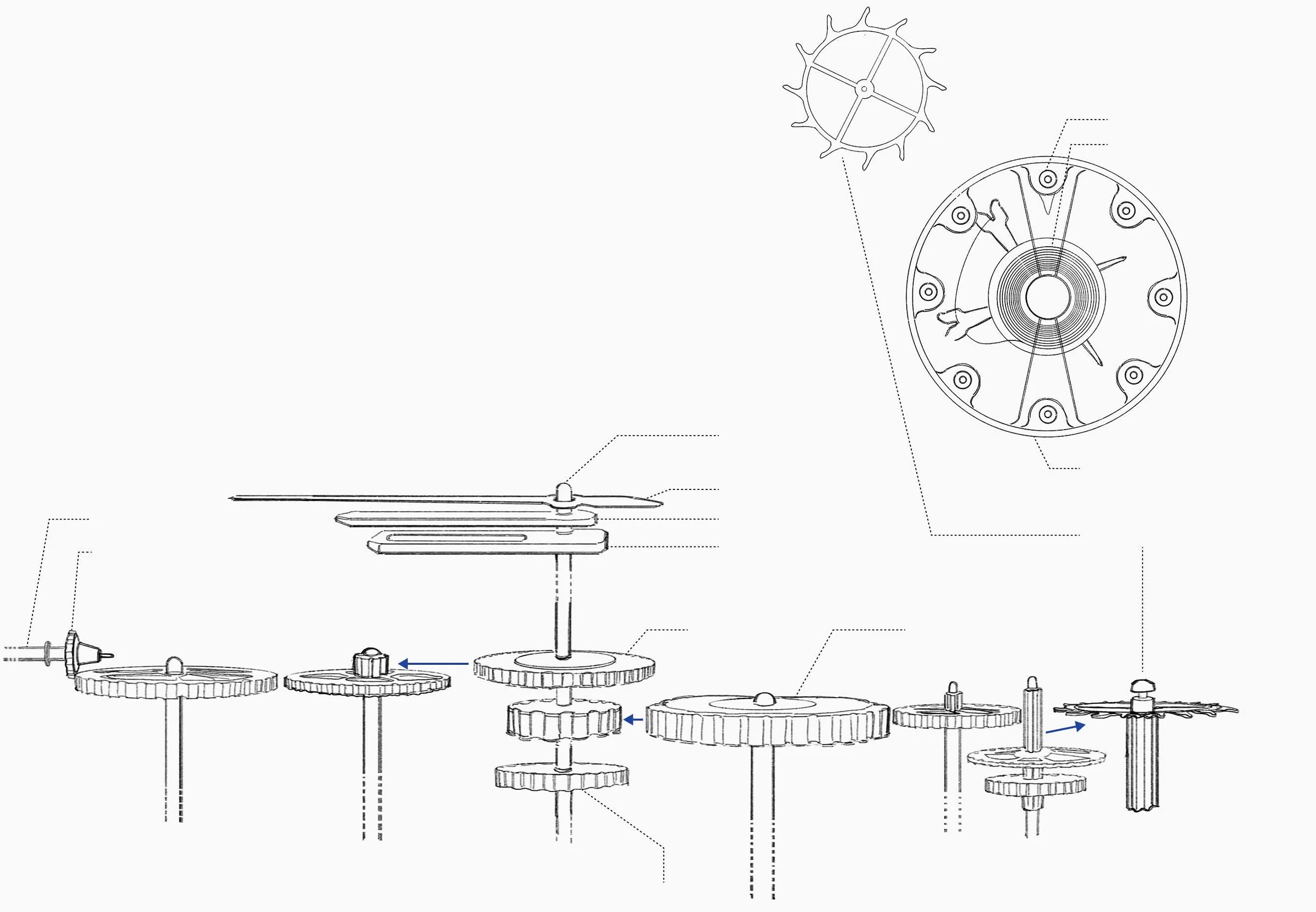 Exploded sketch of an automatic wristwatch movement