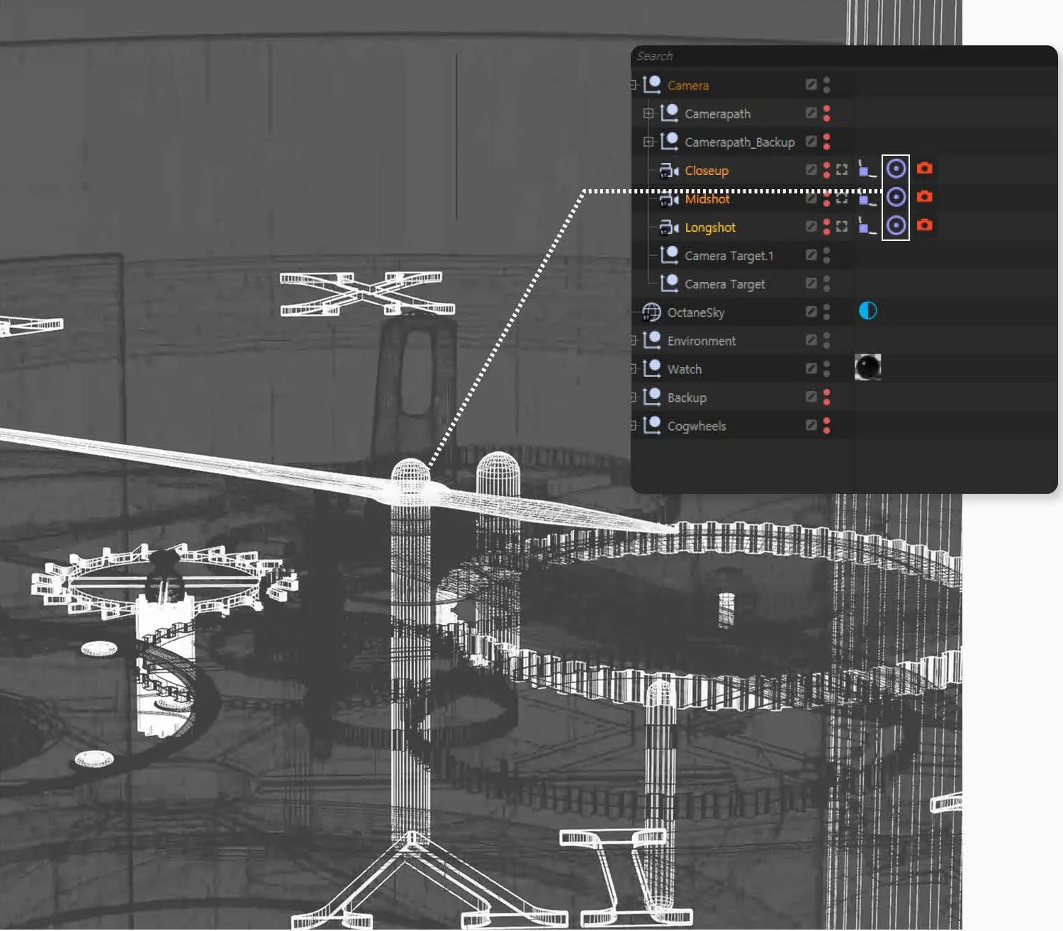 Wireframe view with the camera focal point on the pivot and the Cinema 4D object list