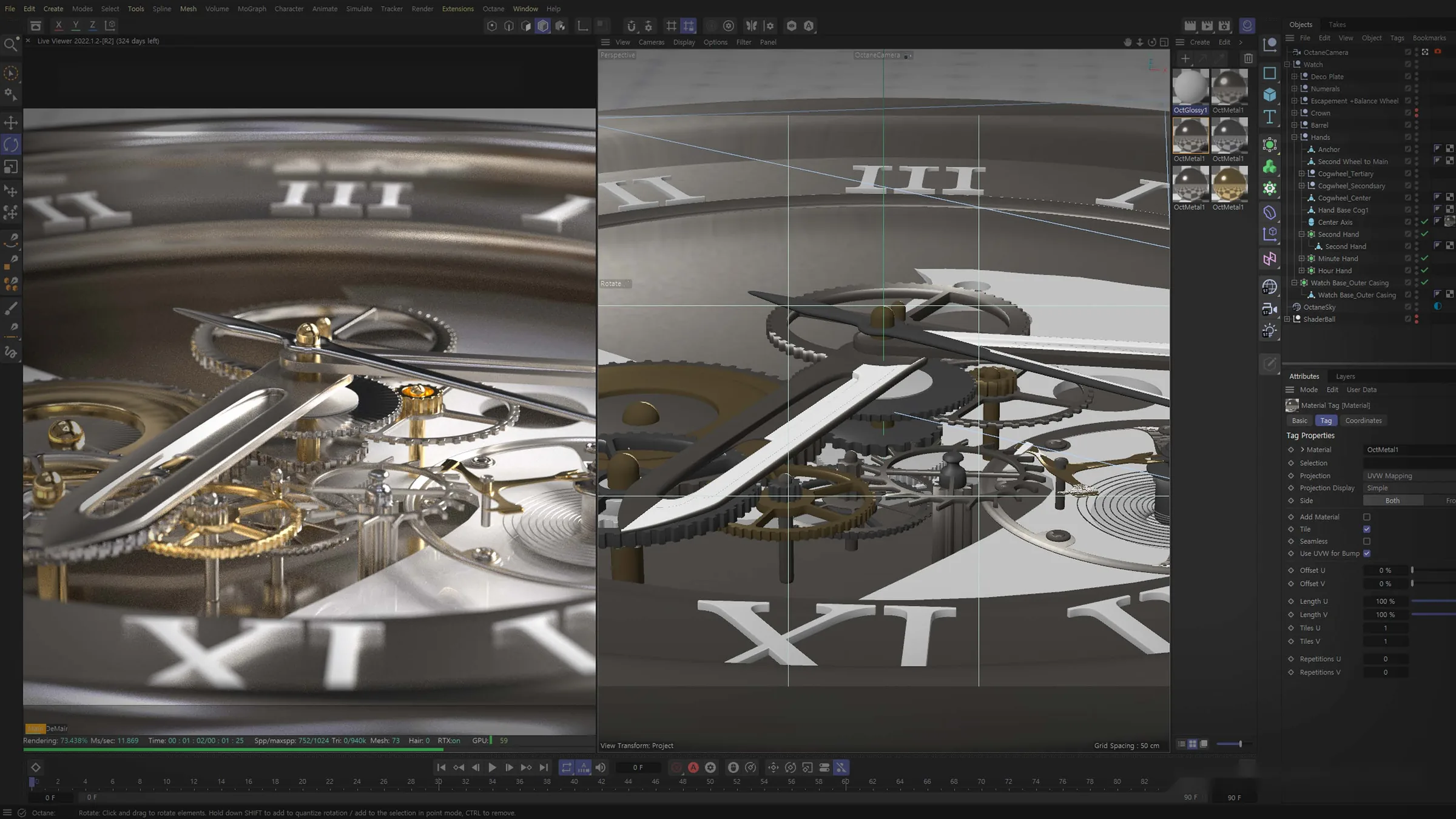 Cinema 4D workspace with the Octane live viewer, the viewport and the material list