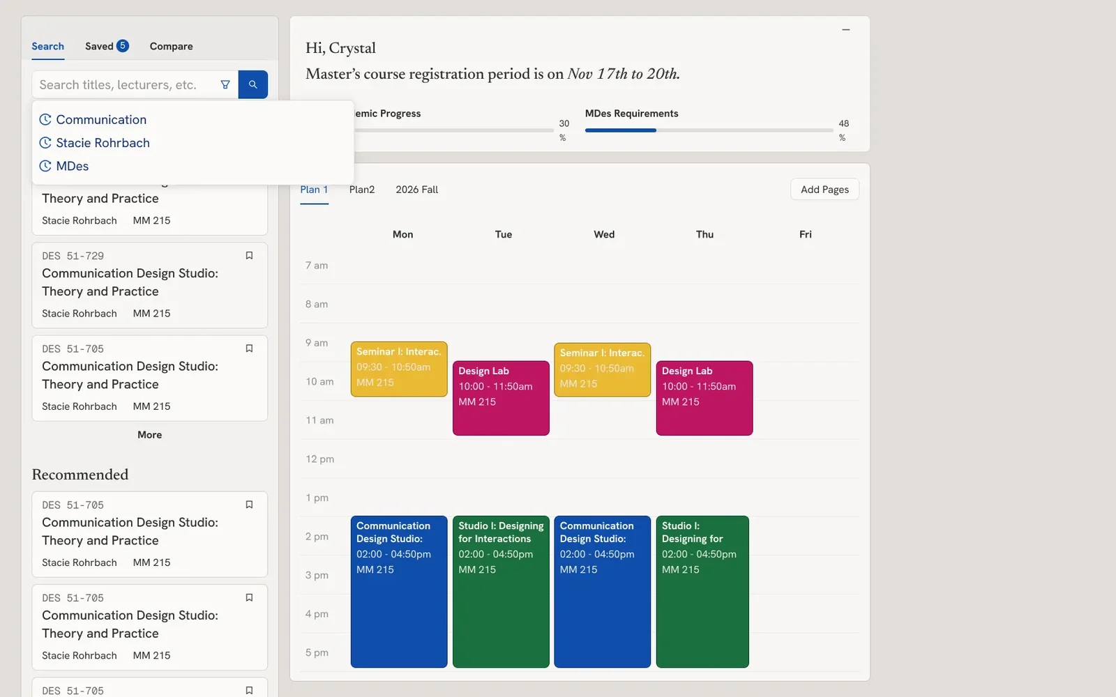 Course search panel beside the weekly timetable, with requirement progress bars on top