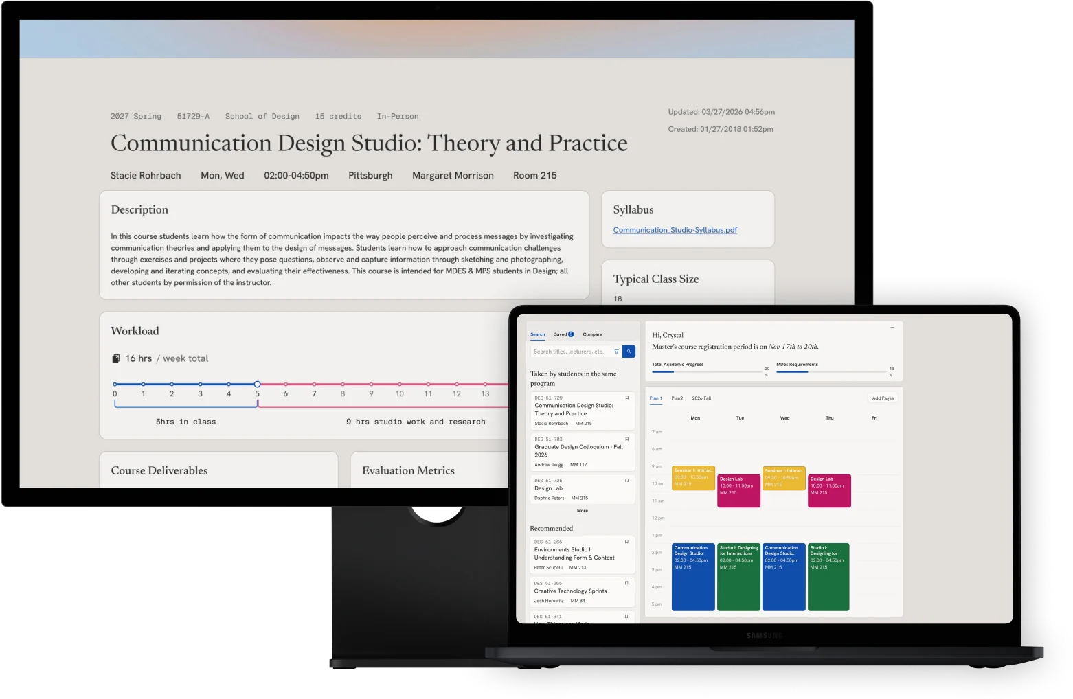 Rubric on a monitor and a laptop: a professor’s course page and the student’s course search beside a weekly timetable