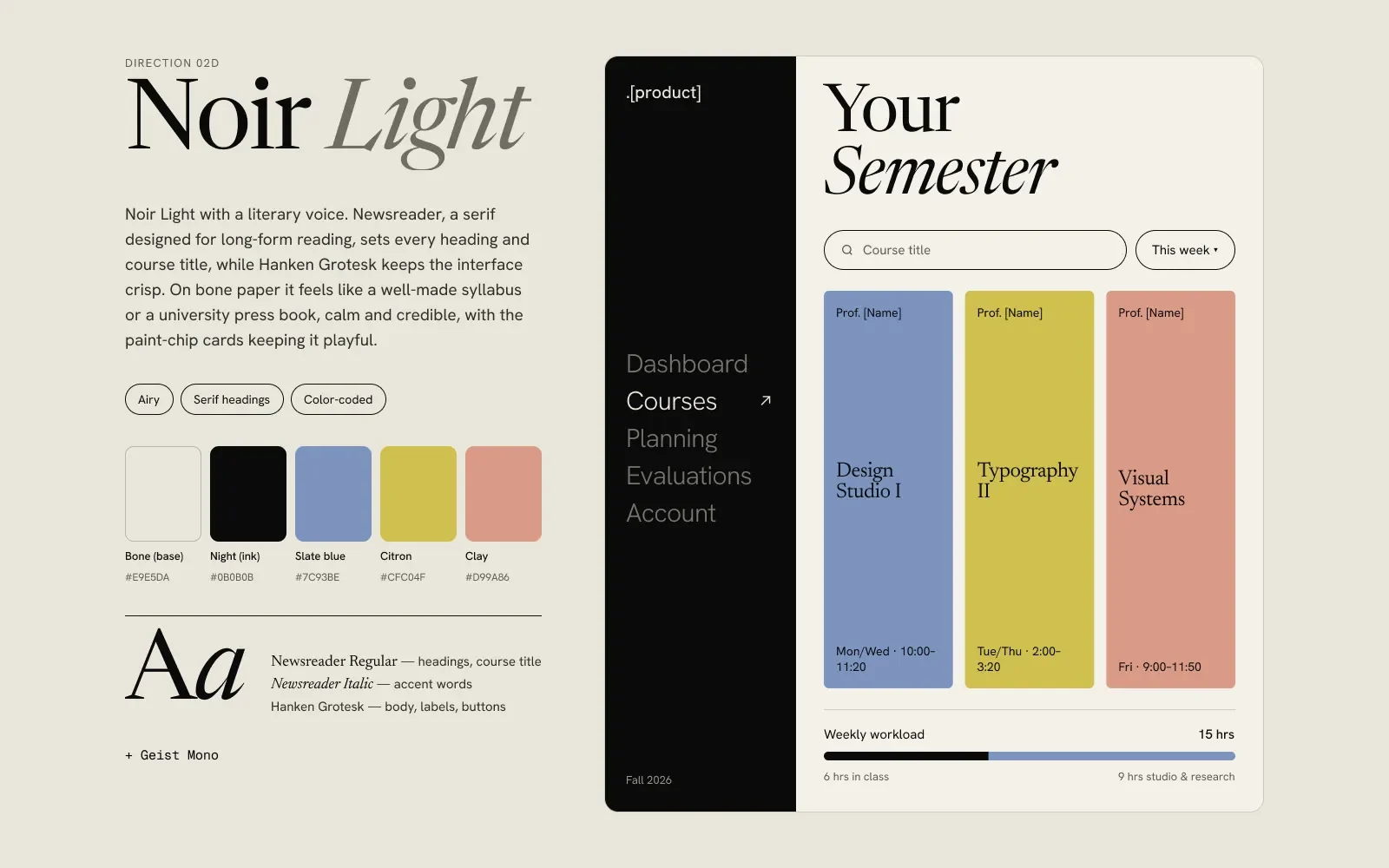 Noir Light: an ivory brand board with a serif headline and soft course colors