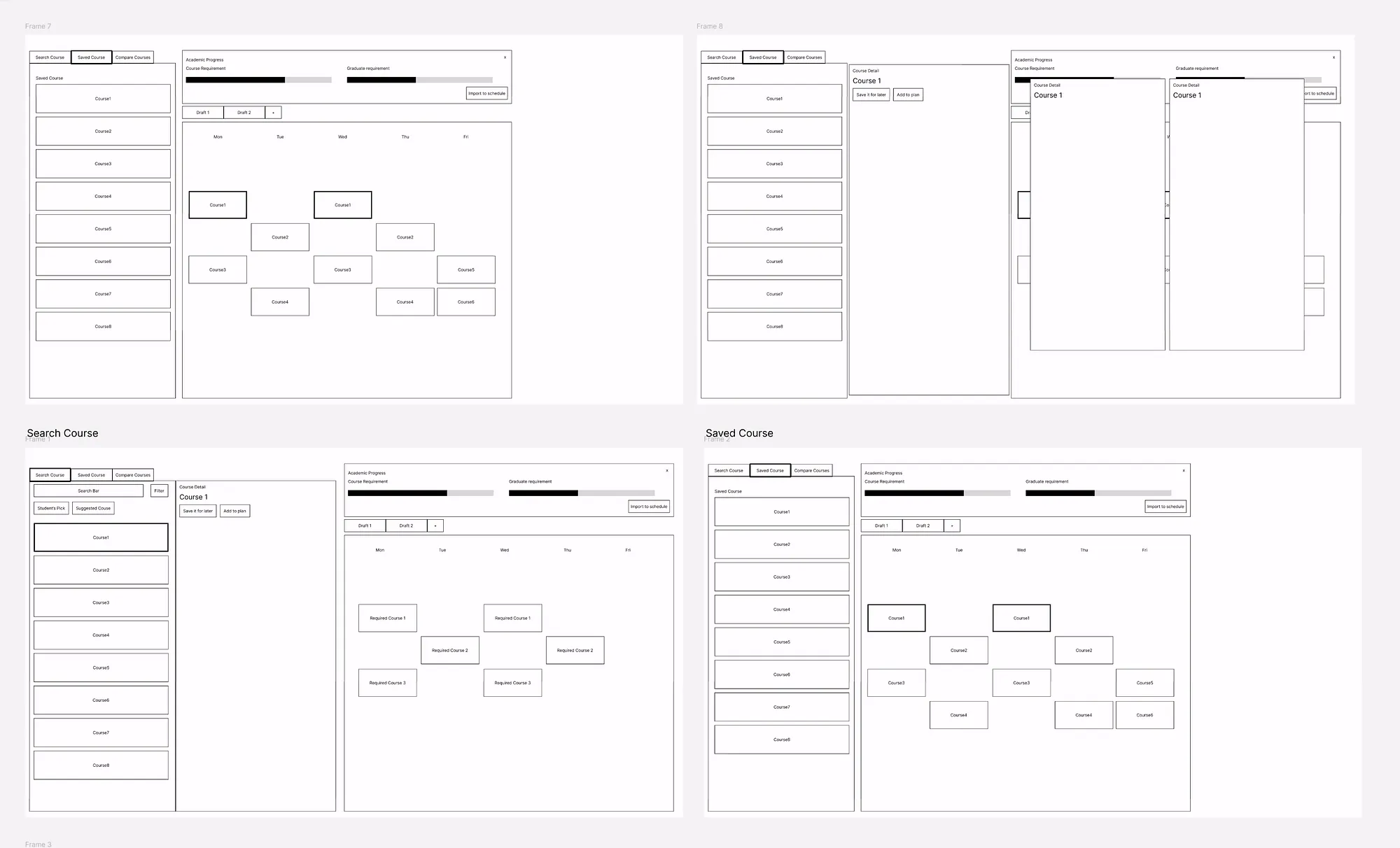 Wireframes of the main page: search panel, timetable and course details