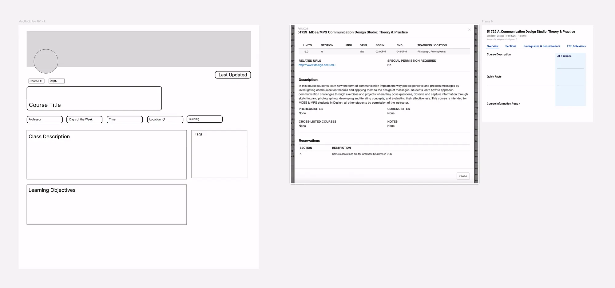 Wireframes of the course information pop-up