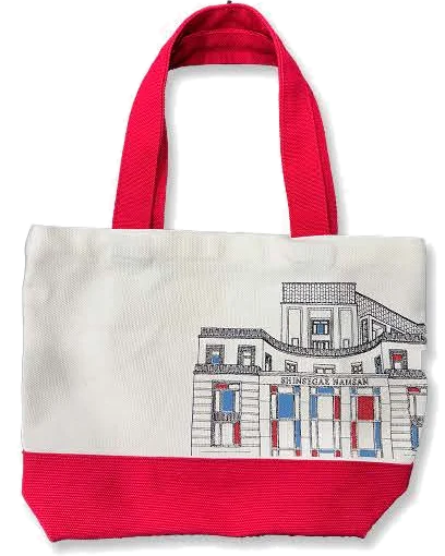 Mini tote: ivory oxford with the building illustrated, red base and handles
