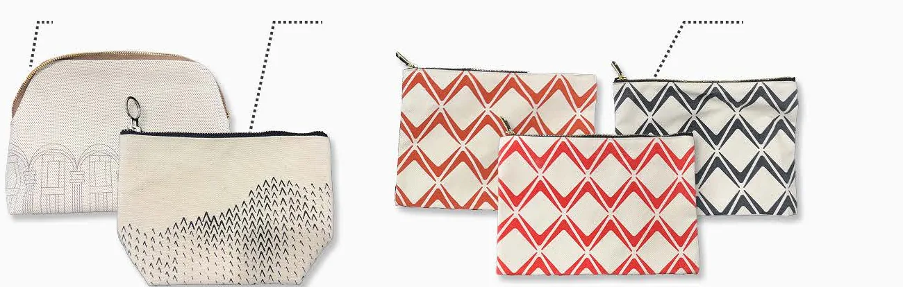 Pouch samples: a gusseted pouch, a trapezoidal pouch, and three pillow pouches